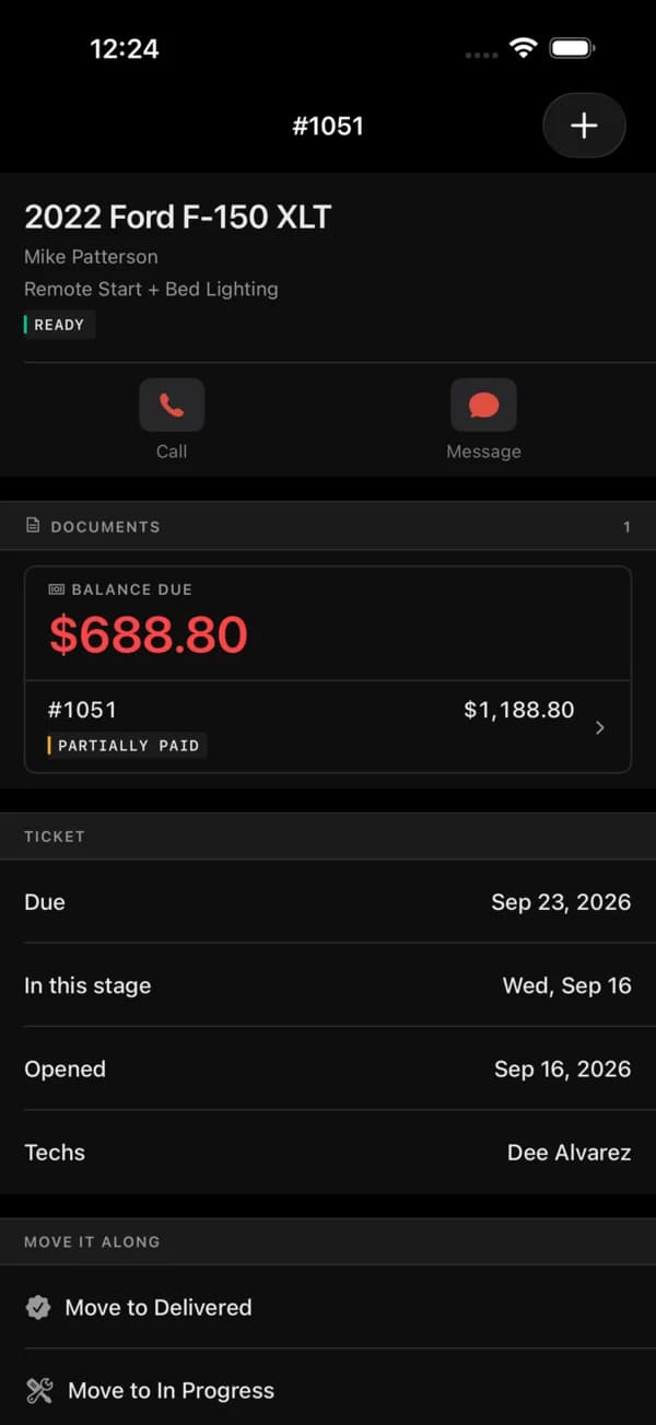 A ticket in the Garage Bae iPhone app: a 2022 F-150 marked ready and its balance due.