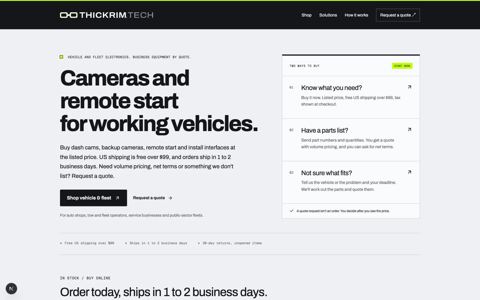 The THICKRIM Supply store: cameras and remote start for working vehicles, and the two ways to buy.