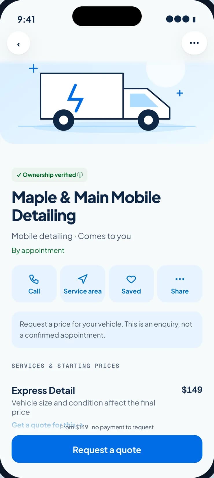 A mobile detailer’s page in Wash Near Me: ownership verified, services, and a button to request a quote.