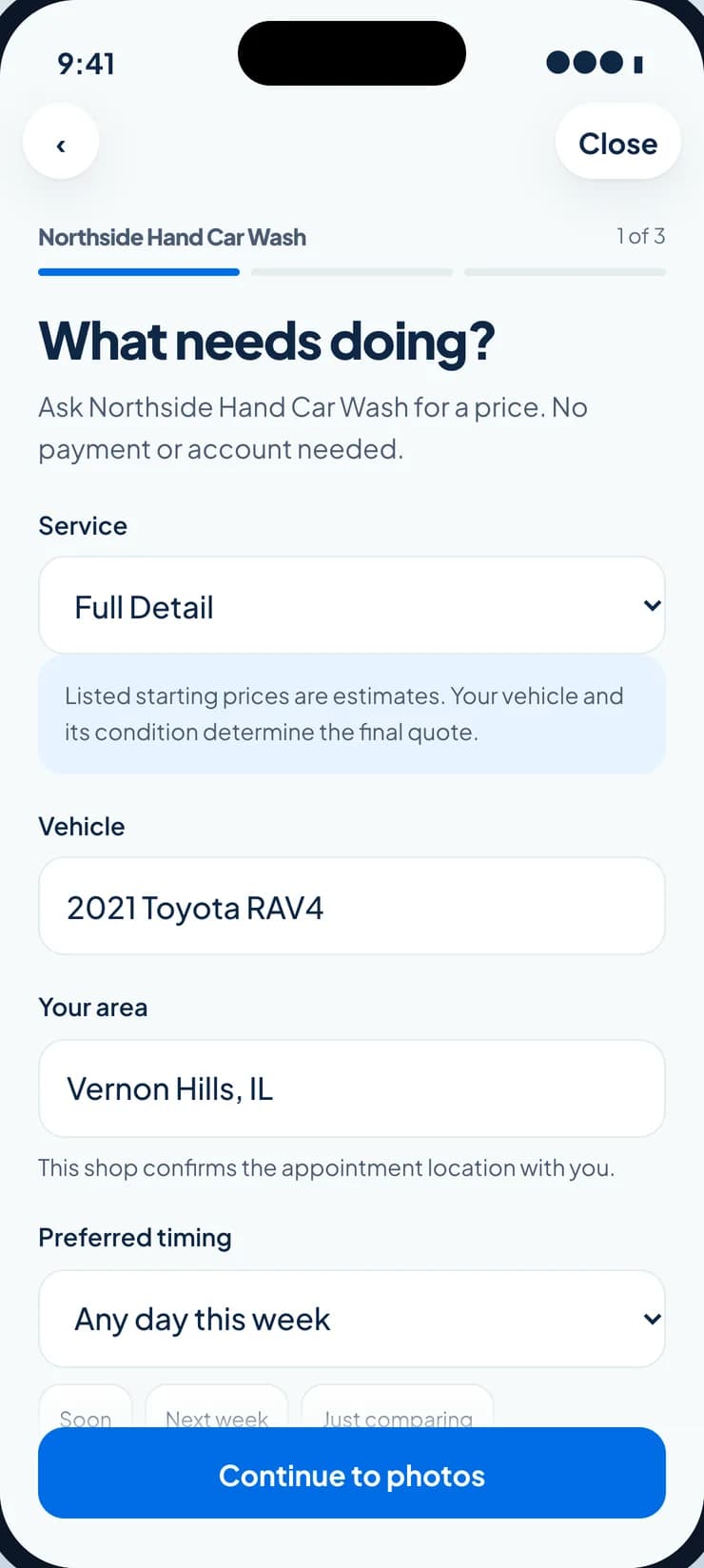 The first step of a quote request: the service, the vehicle, the area, and the preferred timing.